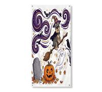 Jolie couverture de porte extérieure avec chien sorcière schnauzer d'Halloween 91,4 x 183 cm, cimetière effrayant imprimé bannière de porte avant et arrière, décoration effrayante pour la maison et le