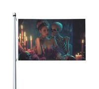Jolie femme avec squelette amant cour maison drapeaux ,9 x 1,5 m saison bannière de vœux avec œillets décoration intérieure extérieure fête maison