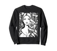 Jolie Fille aux Cheveux Longs et Deux Roses Noir et Blanc Sweatshirt
