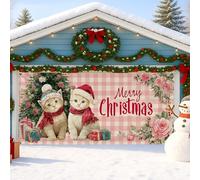 Jolie housse de porte de garage de Noël, motif chat vintage pêche, grandes décorations de porte de garage, décoration d'hiver intérieure et extérieure de vacances, 397 x 180 cm