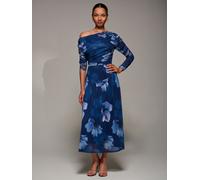 Jolie Moi Jolie Moi Blue Long Sleeve Asymmetric Gathered Mesh Midi Dress Blue 8