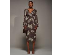 Jolie Moi Jolie Moi Brown Frill Sleeve Pleated Wrap Midi Dress Brown EU 42 (UK 14)