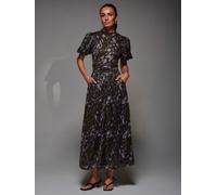 Jolie Moi Jolie Moi Brown Puffy Sleeve Printed Mesh Maxi Dress Brown EU 36 (UK 8)
