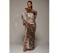 Jolie Moi Jolie Moi Gold Ruffle Sleeve Asymmetric Neck Velvet Maxi Dress Gold 46