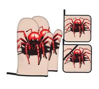 Jolie petite araignée rouge. Cet ensemble unique de gants de cuisine et maniques imprimés est une combinaison attrayante, avec un polyester résistant à l'eau et un tissu isolant thermique.