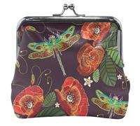 Jolie pochette à monnaie en cuir à motif floral pour femme - Joli baiser - Coquelicots rouges et libellules - Noir, Libellules rouges coquelicots noirs, OneSize