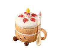 Jolie tasse à café - 400 ml | Tasse en céramique avec pieds | Tasse à thé amusante en forme de gâteau de dessert avec couvercle, cuillère et mélangeur à bougies | Cadeau pour anniversaire