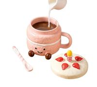 Jolie tasse à café - 400 ml | Tasse en céramique avec pieds | Tasse à thé amusante en forme de gâteau de dessert avec couvercle, cuillère et mélangeur à bougies | Cadeau pour anniversaire