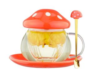 Jolie tasse à thé en verre en forme de champignon avec infuseur et cuillère, théière Kawaii transparente avec filtre, couvercle en céramique et dessous de verre, résistante à la chaleur pour la maison