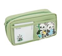 Jolie trousse à crayons panda de dessin animé pour adolescents et élèves du primaire, trousse de rangement - double grille vert volcan + panda grand chelem
