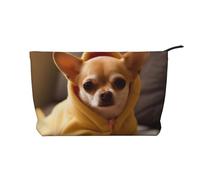 Jolie trousse de maquillage en velours côtelé imprimé chihuahua déprimé pour voyage et usage quotidien, pochette élégante pour femme, Noir , Taille unique, Trousse de maquillage
