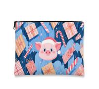 Jolie trousse de maquillage motif cochons festifs, pochette de voyage pour femme, petite trousse de toilette portable en toile à fermeture éclair, trousse de toilette de vacances, bleu, 7x9 Inch