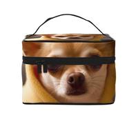 Jolie trousse de maquillage pour femme avec impression Chihuahua déprimé - Portable - Trousse de maquillage avec pochette intérieure et poignée, Noir , Taille unique, Trousse de maquillage