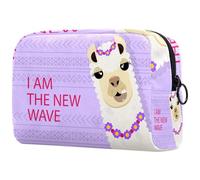 Jolie trousse de toilette en forme de lama alpaga « I AM The New Wave » pour femme, trousse de toilette de voyage, grande pochette de maquillage pratique avec fermeture éclair, multicolore,