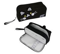 Jolie trousse scolaire à 2 compartiments avec poignée, motif chat brodé, organiseur de papeterie pour filles et garçons, grande capacité pour étudiants fournitures de bureau, Noir , Élégant