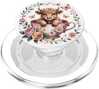 Jolie vache écossaise des Highlands dans une tasse à thé Art pastel floral PopSockets PopGrip pour MagSafe