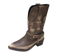 Jolies bottes en cuir brodées pour femme Bottes à manches Talon pointu épais Boucle de ceinture Col V Grande Taille Bottes chaudes à talon bas et Chaussures Femme Baskets Rome, marron, 41 EU