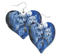 Jolies boucles d'oreilles double face en forme de cœur avec loup et lune - Attrape-rêves - Tendance et amusante - En similicuir - Cadeau pour femmes et filles