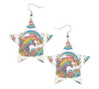 Jolies boucles d'oreilles en cuir avec imprimé arc-en-ciel et licornes en forme d'étoile, accessoires légers et élégants pour les fêtes, les danses et la vie quotidienne.