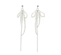 Jolies boucles d'oreilles pendantes élégantes en perles avec nœud et pampilles - Bijoux tendance - Longue goutte - Accessoires de fête