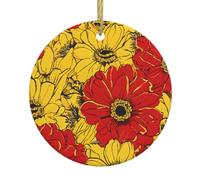 Jolies fleurs de coquelicot - Décoration de Noël en céramique prête à accrocher, pendentif rond personnalisé avec ficelle dorée pour arbre, mariage, décoration de détail.