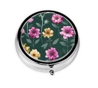 Jolies fleurs violettes. Cette petite boîte à pilules ronde est un organisateur de médicaments de voyage portable avec trois compartiments pour ranger les médicaments quotidiens.