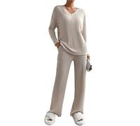 Joligiao Ensemble de Pyjama pour Femmes Manches Longues Ensemble de Vêtements de Détente 2 Pièces Tenue de Détente Côtelé Vêtement d'Intérieur Sleepwear Pantalon à Taille Élastique Haut(Abricot,M)