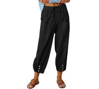 Joligiao Pantalon 7/8 Femme Été Pantalon Coton et Lin Taille Elastique Large Pantalons Fluide Décontracté Taille Haute Léger Respirant Pantalons de Plage Ample Pants Cordon Large à Jambes avec Poches