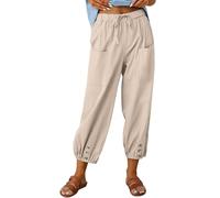 Joligiao Pantalon 7/8 Femme Été Pantalon Coton et Lin Taille Elastique Large Pantalons Fluide Décontracté Taille Haute Léger Respirant Pantalons de Plage Ample Pants Cordon Large à Jambes avec Poches