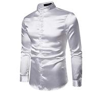 JOLIME Homme Chemise Manches Longues Col Mao Soie Satin Repassage Facile Casual Business Mariage Blanc L