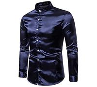 JOLIME Homme Chemise Manches Longues Col Mao Soie Satin Repassage Facile Casual Business Mariage Bleu Marin M