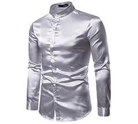 JOLIME Homme Chemise Manches Longues Col Mao Soie Satin Repassage Facile Casual Business Mariage Gris XXL