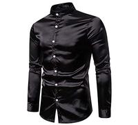 JOLIME Homme Chemise Manches Longues Col Mao Soie Satin Repassage Facile Casual Business Mariage Noir XXL
