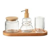 JOLIPA Ensemble de 4 accessoires de salle de bain en verre et bois Beige G