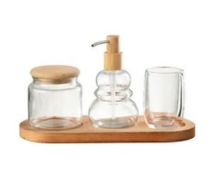JOLIPA Ensemble de 4 accessoires de salle de bain en verre et bois Beige G