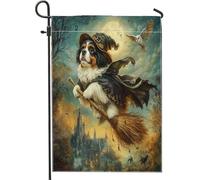 Jolis drapeaux de jardin en forme de chien de sorcière Saint-Bernard pour Halloween, 30,5 x 45,7 cm, double face pour décoration extérieure, château effrayant, chiot en toile, drapeau de maison