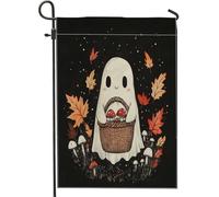 Jolis drapeaux de jardin fantômes d'Halloween 30,5 x 45,7 cm double face pour extérieur, champignon vintage en toile de jute, drapeaux de pelouse, fantôme, arrière-cour, petite maison, décoration