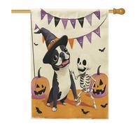 Jolis drapeaux d'Halloween pour maison de chien bouledogue français, 71,1 x 101,6 cm, double face pour extérieur, tête de mort, citrouille, chiot en toile verticale, drapeau de maison, squelette pour