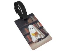 Jolis fantômes blancs lisant un livre dans une bibliothèque, étiquettes de bagages, étiquettes de nom, étiquettes de valise, idéales pour les sacs à dos de voyage croisières