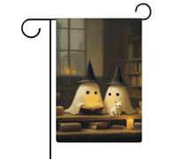 Jolis fantômes de sorcière lisant l'ancienne bibliothèque drapeau de jardin saisonnier vacances toile de jute double face maison cour drapeaux extérieurs 30,5 x 45,7 cm