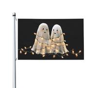 Jolis fantômes enveloppés dans une guirlande lumineuse blanche, drapeaux de cour, maison, bannière de vœux avec œillets, décoration d'intérieur et d'extérieur