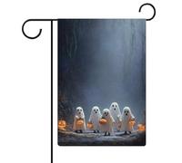 Jolis fantômes portant des citrouilles d'Halloween, drapeau de jardin, vacances saisonnières, toile de jute double face, drapeaux extérieurs de maison, cour, 30,5 x 45,7 cm