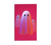 Jolis fantômes sur des drapeaux rouges de maison de cour, bannière de vœux avec œillets, décoration d'intérieur et d'extérieur