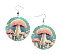 Jolis petits champignons imprimés boucles d'oreilles rondes en cuir avec pendentif élégant et léger pour femmes et filles, taille unique, cuir, sans pierre précieuse