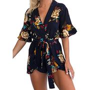 Jolisson Combinaison Femme Col Décolleté V Manches Courtes Combishort à Motif Fleurs Taille Ceinturée Casual Top de Plage Chic et Tendance