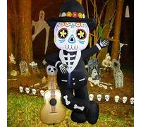 Joliyoou Décoration gonflable d'Halloween de 1,8 m, squelette gonflable lumineux avec une guitare, décoration d'intérieur ou d'extérieur pour fête effrayante jour des morts (squelette appuyé contre