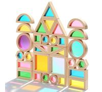 JOLKID Lot de 32 blocs de construction en bois avec fenêtres en acrylique colorées, table légère Montessori, jouets sensoriels éducatifs empilables pour les tout-petits et les enfants