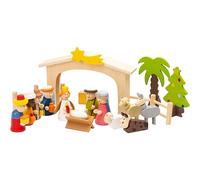 Jollix Crèche de Noël en Bois Peinte à la Main - 18 pièces - avec Sapin - Jeu de crèche pour Enfants - décoration colorée & idée Cadeau - étable avec étoile, Rois Mages, Marie & Joseph, bœuf & âne