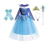 Jolly Fancy - Déguisement Belle au bois Dormant Princesse Aurore Costume Robe avec Couronne et Accessoires pour Enfants Filles Taille 5-6 ans, Bleu