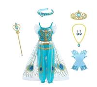 Jolly Fancy - Déguisement Princesse Jasmine Costume Robe avec Bandeau et Accessoires pour Enfants Filles Taille 9-10 ans, Turquoise